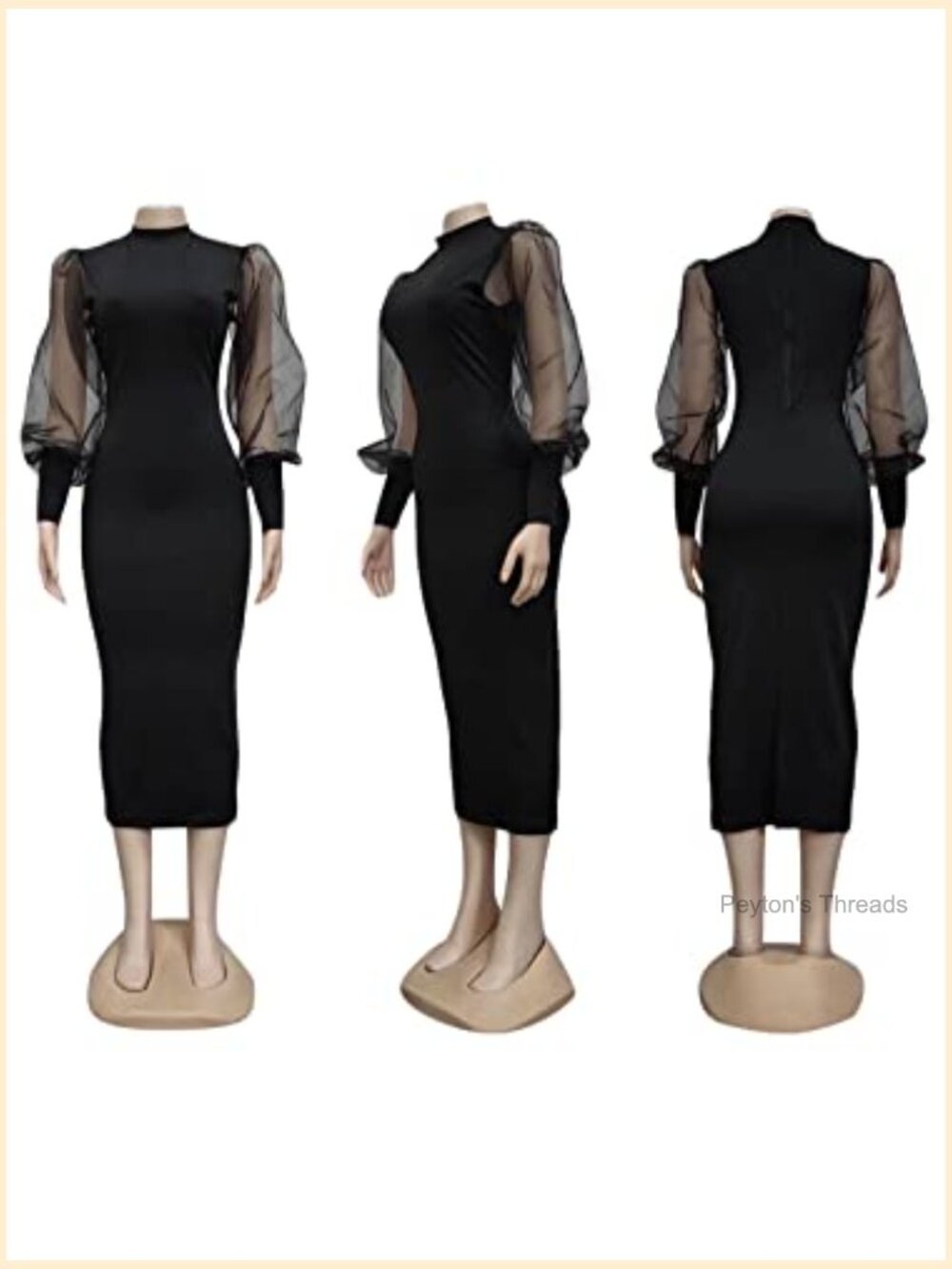 Sheer Mesh Bodycon Midi Dress with Puff Lantern Sleeves - Picture 4 of 7